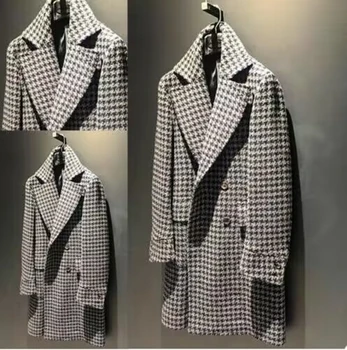 Balıksırtı Düğün / İş Blazer Erkekler için Ekose Çentikli Yaka Kruvaze Takım Elbise Ceket Erkek Moda 1 ADET Kontrol Uzun Ceket