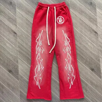 Cehennem gibi yıldız Stüdyoları Kırmızı Flare pantolon vintage yıkanmış eklenmiş rahat spor pantolon 2 renk