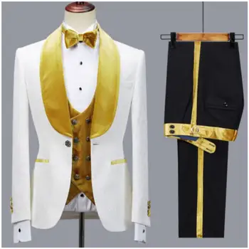 Jakarlı Erkek Takım Elbise Kadife Şal Yaka Erkek Giyim Custom Made Damat Düğün Balo Smokin Özel Blazer 3 ADET Ceket + Pantolon + Yelek