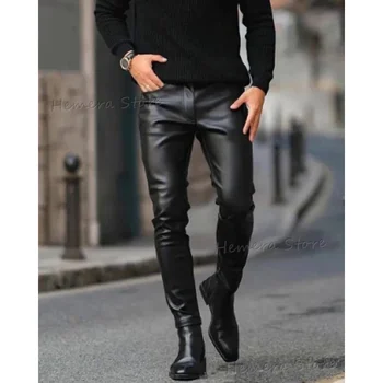 Marka Sonbahar Erkek deri pantolon Sıska Fit Elastik Tarzı Moda PU deri pantolon Motosiklet Pantolon İnce Streetwear