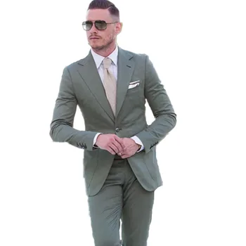 Rahat Bir Düğmeler Ordu Yeşil Erkek Takım Elbise Slim Fit Düğün Damatlar Smokin Çentikli Yaka Blazer İş Balo Elbise (ceket + Pantolon)