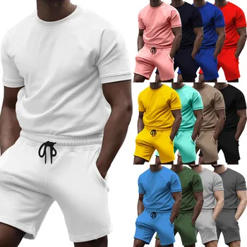 Yaz Moda Yeni erkek Kısa Kollu Şort İki Parçalı Spor Rahat Düz Renk Yuvarlak Boyun Spor Gevşek Trend T-Shirt Takım Elbise